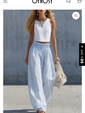 Striped Light Blue Wide-Leg Smocked Waist Pants